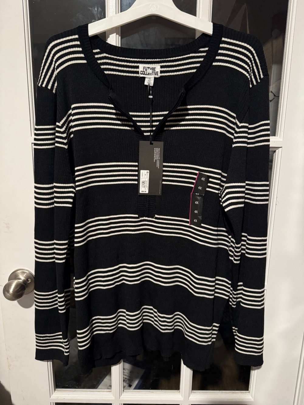 Size 4X Future Collective Black & White Striped Knit Pullover